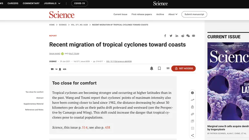 Recent migration of tropical cyclones toward coasts
